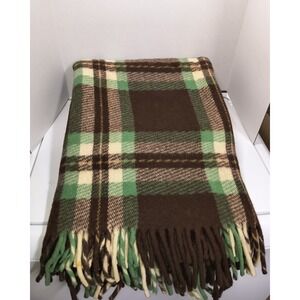 Vintage American Woolen Co Wool Motor Robe Lap Blanket Throw Green Brown Plaid